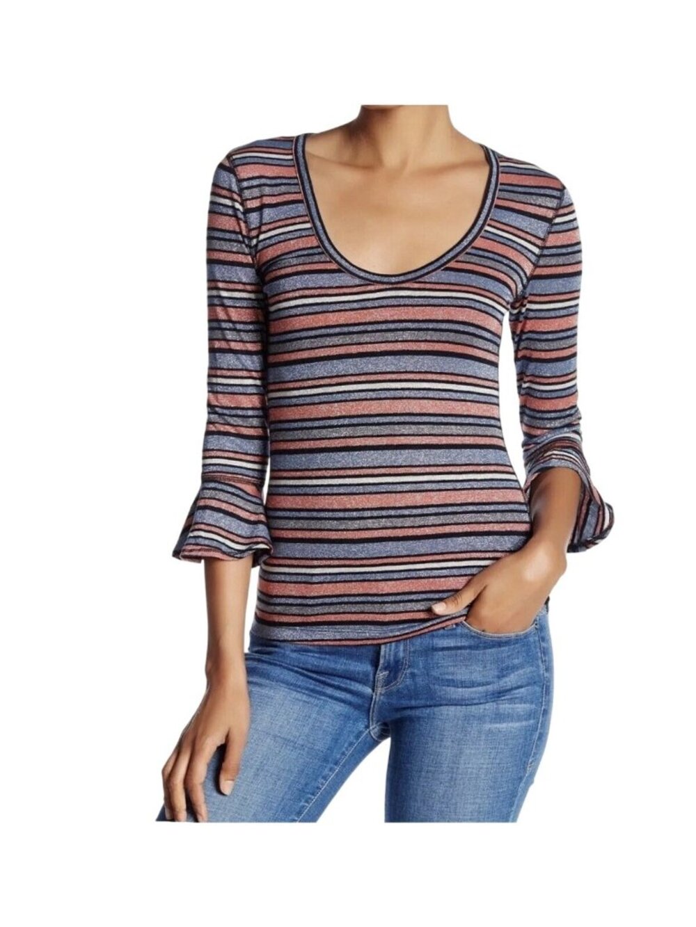 Free People Size L Multicolor Metallic Striped Surprise Party Bell Sleeve Top